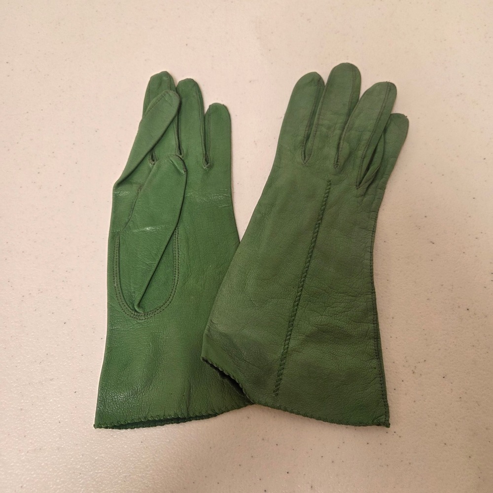 Vintage Green Leather Gloves Mid Length Stitched Detail Sage Green Size Small